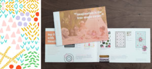 Open brochure view with blush colors and product photos